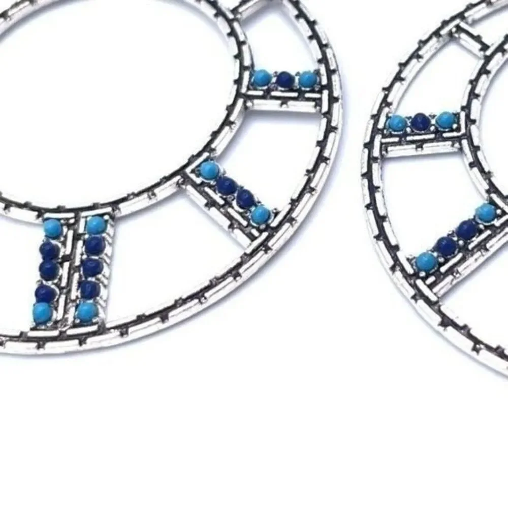 Silver with Navy and Turquoise Oil Drip Boho Open Round Hoop Earrings
